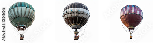 Three hot air balloons in various colors and designs float against a white background.