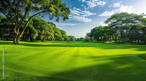 A tranquil golf course scene, Lush greens and immaculate fairways, Classic landscape style