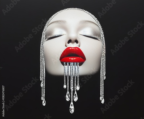 photo illustration of a woman's face with chains instead of hair and diamonds on a black background, scarlet lips from which hang chains with transparent stones