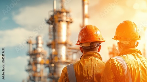 Workers in safety gear observe an industrial site, highlighting the importance of safety and teamwork in energy production.