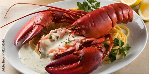 Lobster with creamy sauce on linguine