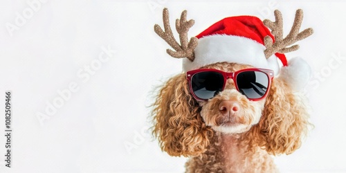 Merry Christmas xmas concept holiday vacation winter funny animal pet greeting card - Cool poodle dog with sunglasses and santa claus hat, isolated on white background