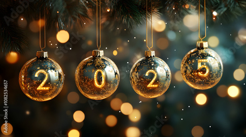 un fondo decorativo de año nuevo con ramas de pino luces con destellos efecto bokeh con esferas colgantes feliz año 2025 fiesta de año nuevo