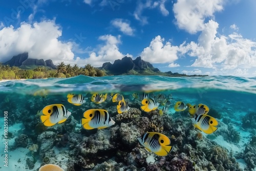 Tropical fish swimming near coral reef in moorea, french polynesia