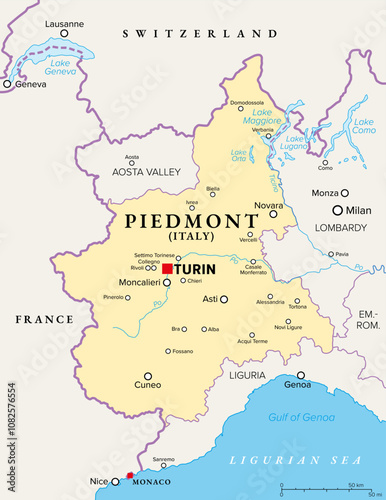 Piedmont region in northwest Italy, political map. Second largest Italian region with capital Turin, bordering France, Switzerland, and the regions Aosta Valley, Lombardy, Emilia-Romagna, and Liguria.