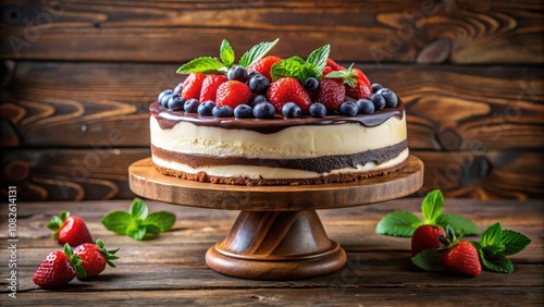 A chocolate ganache cake topped with fresh strawberries and blueberries, resting on a wooden cake stand, sits on a rustic wooden background.