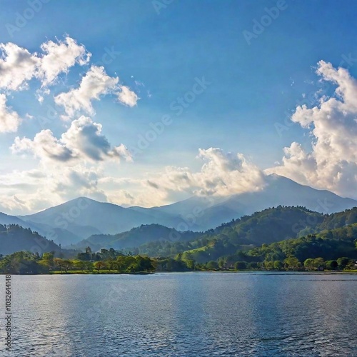 Generate a 16:9 size image depicting a feeling of freedom, blue sky with clouds, a mountain, a serene lake, maybe a sunrise