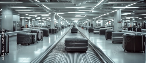 An airport's luggage carousel slowly filled with dark suitcases, set in a sleek, modern terminal buzzing with international travelers.