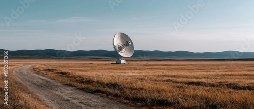 A solitary satellite dish stands in an endless field, signaling solitude and technology against nature. The dirt road and mountains add depth to the scene.