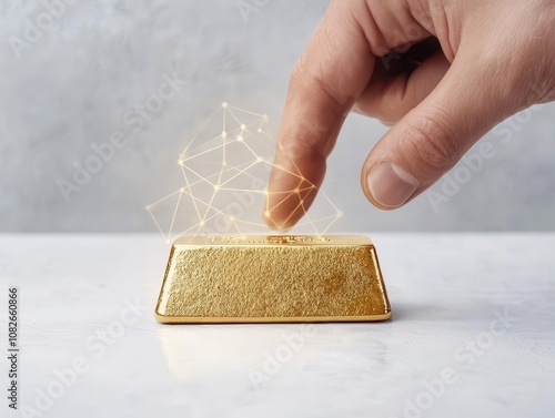 Artistic shot of a hand reaching for a gold bar surrounded by a digital barrier, Digital Wealth, Investment Security