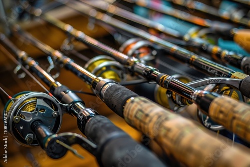 Close-up view of fishing rods and reels displayed on a wooden surface in an indoor fishing shop during daylight hours