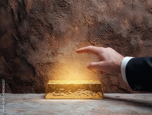 Artistic shot of a hand reaching for a gold bar surrounded by a digital barrier, Digital Wealth, Investment Security