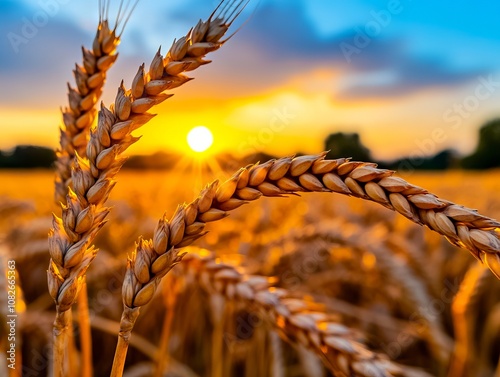 A field of ripe wheat with the sun setting in the background