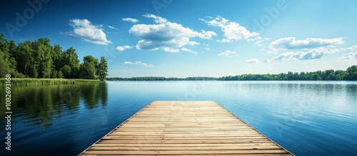 Beautiful landscape lake wooden pier extending into water pontoon