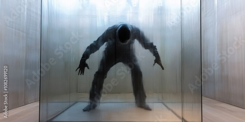 A figure trapped inside a glass box, pounding on the walls, symbolizing feelings of entrapment