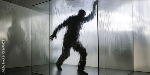 A figure trapped inside a glass box, pounding on the walls, symbolizing feelings of entrapment