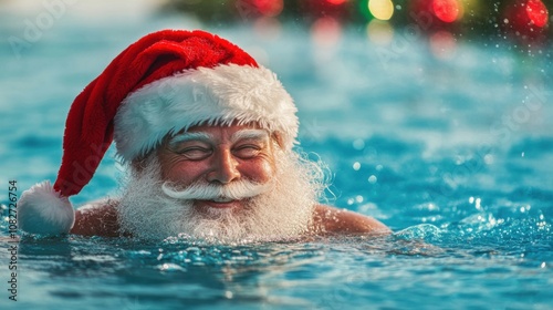 Santa Claus swimming in a pool while wearing his red hat, blending Christmas cheer with a festive summer atmosphere