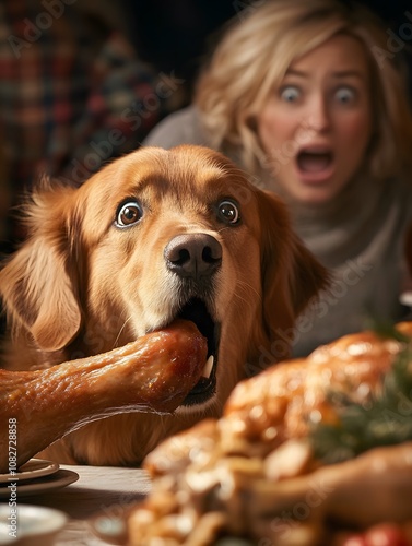 Golden Retriever dog steals turkey leg.