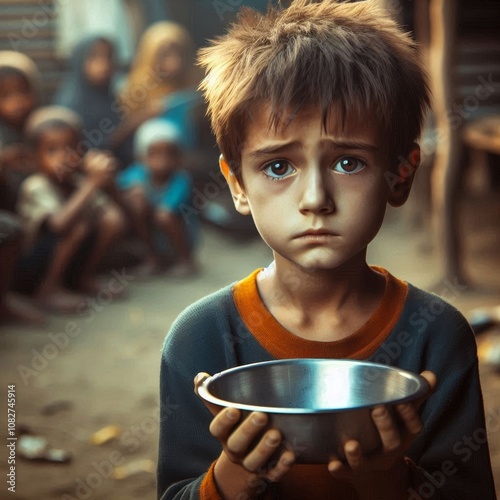 Poor starving hungry orphan boy in a refugee camp holding empty bowl plate. War, social crisis, social inequality, poverty, issue help charity donation concept.