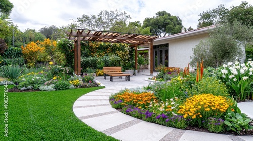 A curved stone pathway leads through a lush garden with colorful flowers and a wooden pergola, culminating in a wooden bench in the center.