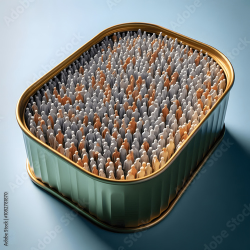 Overpopulation: A sardine can packed tightly with tiny human figures, illustrating the strain of overpopulation