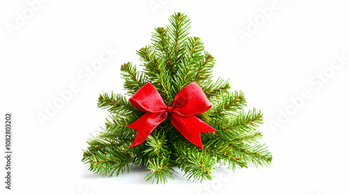 A diminutive artificial christmas tree, draped in vibrant green foliage and adorned with a striking red bow, isolated on a spotless white surface. Ornamented. Illustration