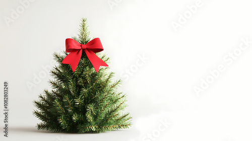 A diminutive artificial christmas tree, draped in vibrant green foliage and adorned with a striking red bow, isolated on a spotless white surface. Ornamented. Illustration