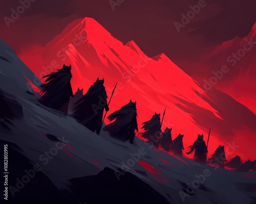 A group of cloaked figures hike up a mountain with a red sky in the background.