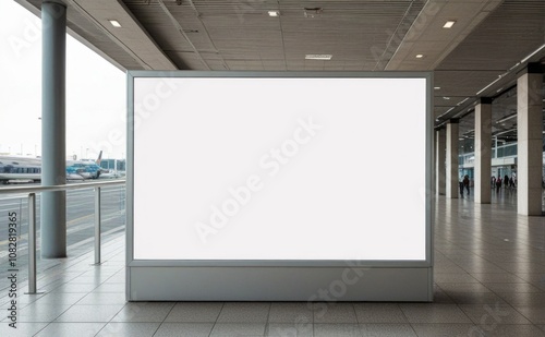 Mock up Empty advertising display at airport terminal with approaching travelers in the background during daytime hours