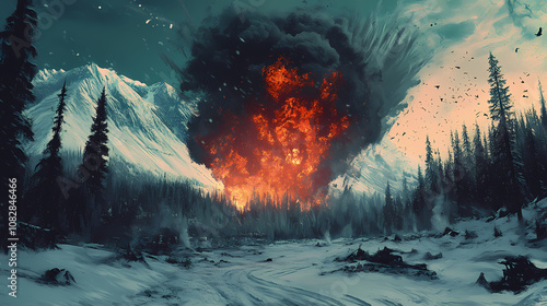 A winter landscape disrupted by a massive explosion, showcasing the contrast between serene nature and chaos. Serene. Illustration