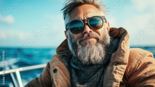 An older man with a grey beard wearing sunglasses and a coat, seated on a boat, capturing the essence of adventure and wisdom against a calm sea backdrop.