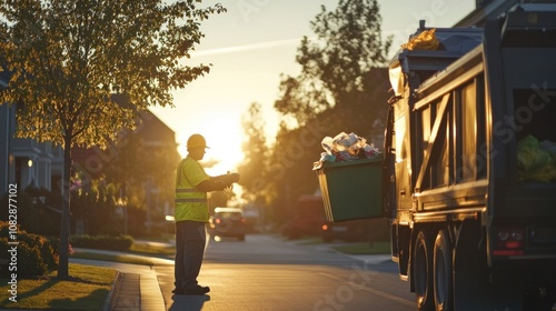 Waste collector lifting trash bin into garbage truck in suburban neighborhood at sunrise