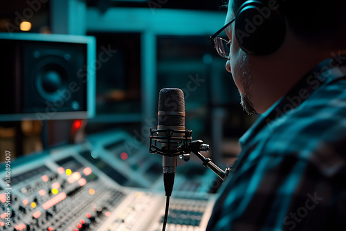 Reporter doing a radio show in a studio. Radio concept.