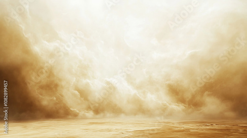 A vast desert with golden dunes is engulfed in a swirling sandstorm under a white background, reducing visibility and creating dramatic chaos.