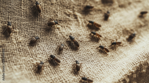 Bliska perspektywa ukazuje różnorodne owady wędrujące po teksturowanej tkaninie w domowym otoczeniu.