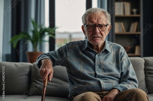 Unhealthy senior man, using a cane, sits on the sofa at home, experiencing back pain, suffering from injury.