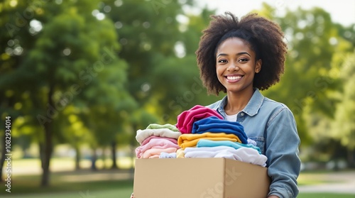 Smiling woman holding box of colorful clothes outdoors in park setting