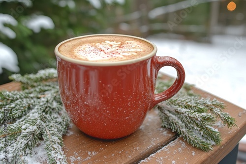 winter coffee scene, a red mug filled with peppermint mocha coffee sits on a snowy outdoor deck table adorned with evergreen branches, perfect for text