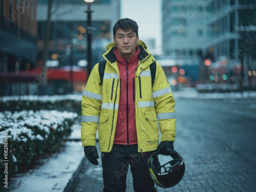 Repartidor asiático vestido con ropa de invierno, parado en una calle 