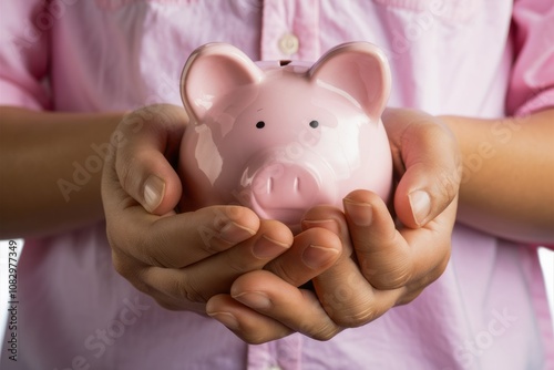 Pink Piggy Bank in Hands: A close-up shot of a young woman's hands gently cradling a pink piggy bank, symbolizing savings, financial security, and responsible budgeting. 