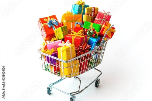 A colorful shopping cart filled with many gifts and presents