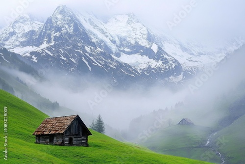 A small cabin situated on a green hill overlooking a distant mountain