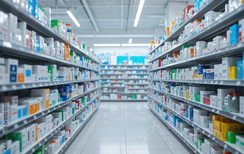 Pharmacy aisle with shelves stocked with various medicine and health products. Perspective view of over-the-counter drugstore items in a clean, well-lit retail environment. Healthcare and pharmaceutic