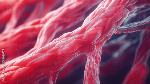 Muscle fiber close-up showing intertwined strands forming tissue