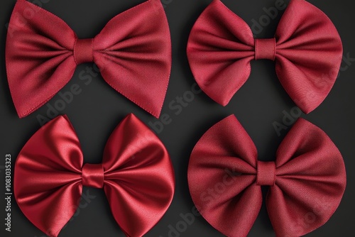 Four bright red bows against a dark black background