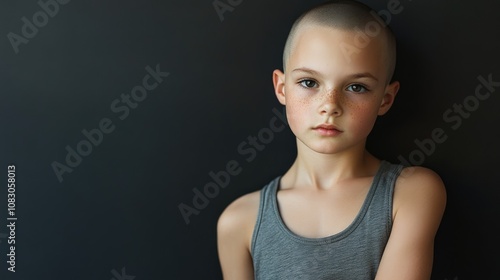 A young boy wearing a grey tank top with a shaved head