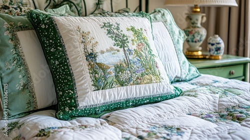 Hand stitched patchwork pillowcase border finished with chintz in various shades of green