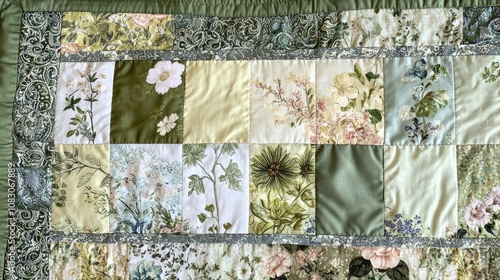 Hand stitched patchwork pillowcase border finished with chintz in various shades of green