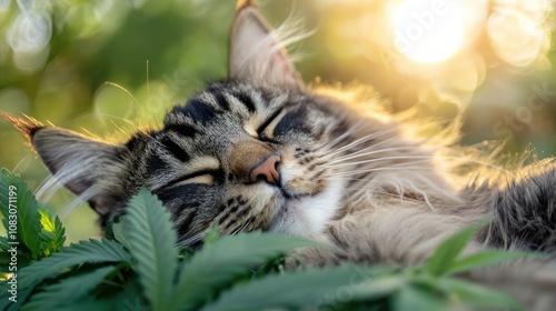 Large Maine Coon cat reclines on hemp leaves CBD oil serves as a sedative and pain relief in veterinary care