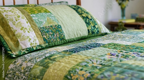 Hand stitched patchwork pillowcase border finished with chintz in various shades of green